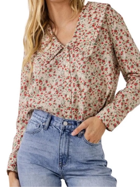 English Factory Tops - English Factory Peter Pan Ruffle Collar Blouse Medium Cotton Long Sleeve Floral